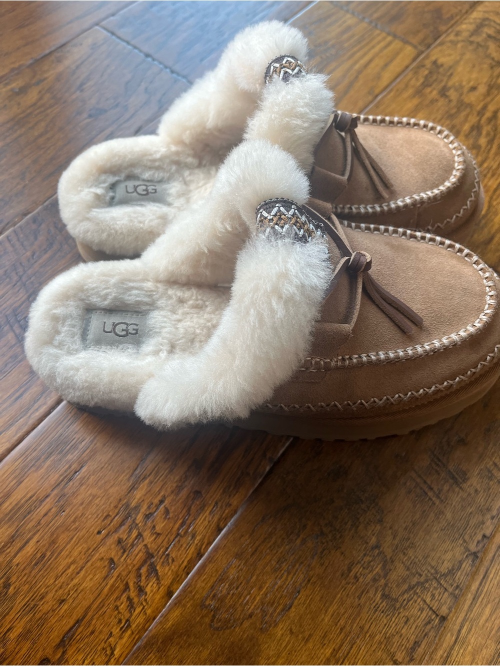 UGG  Chestnut Suede Shearling-Lined Moccasin Slippers - Picture 4 of 11